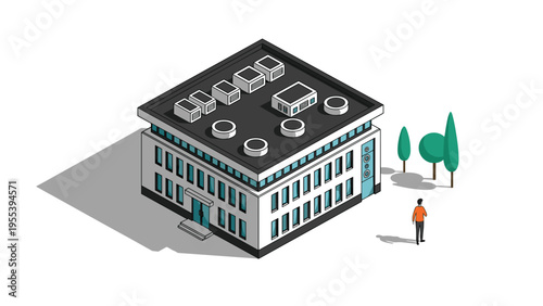 Isometric view of a two-story modern office building with multiple windows, rooftop ventilation units, and nearby green trees.