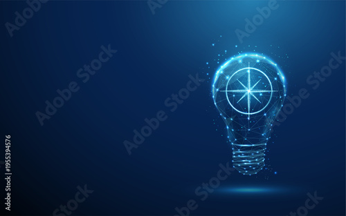 3d blue light bulb with compass inside Strategic thinking, idea direction, decision making guidance, business strategy planning, goal orientation, innovation roadmap concept