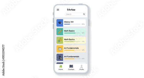 Smartphone showing educational app interface with courses on learning, progress bars, and icons.