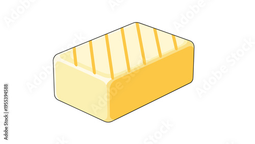 Thick rectangular block of yellow butter with diagonal texture lines on top is shown from an isometric perspective illustration.