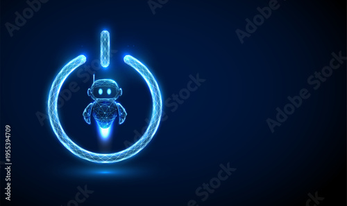 3d blue robot inside power button. AI activation, smart system startup, automated assistant launch, intelligent technology control, machine learning concept.