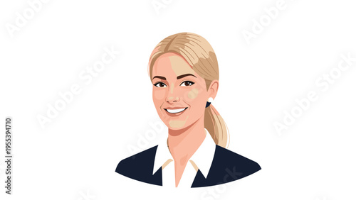 Professional businesswoman with blonde hair in a ponytail wearing a navy suit and white shirt smiling warmly for a portrait.