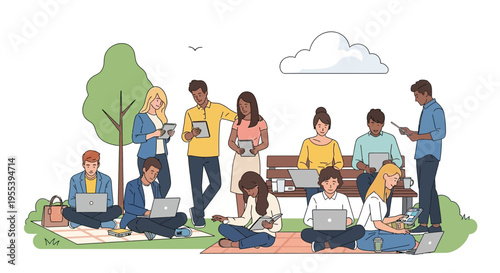Diverse group of people studying and working outdoors in a park with laptops and tablets