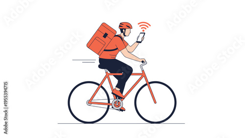 Delivery person riding a bicycle with a large orange backpack checking a smartphone with a wifi signal for navigation details.