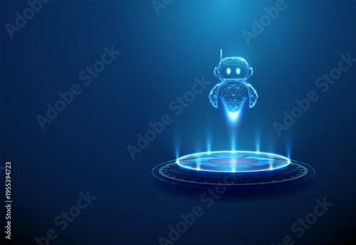 3d blue robot on glowing futuristic podium. AI presentation, smart technology showcase, intelligent assistant demonstration, digital innovation display concept.