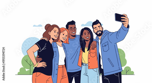 Diverse friends taking a selfie outdoors, smiling and embracing in a park setting