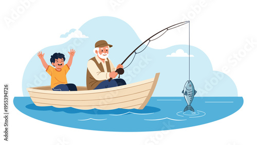 Happy grandfather and grandson enjoying a peaceful day fishing together from a small wooden boat on the calm blue water.