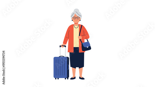 Senior woman with gray hair and glasses standing with a blue suitcase and a shoulder bag ready for a travel adventure.