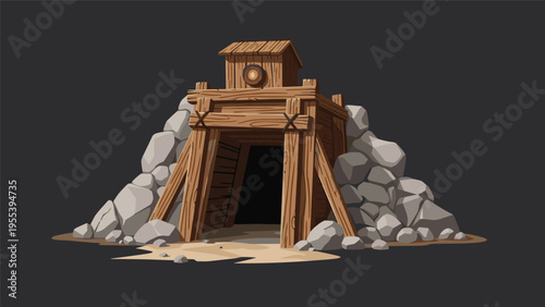Old wooden mine entrance built into a rocky hillside with a dark tunnel opening in a pixel art illustration style.