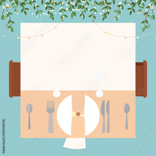 A festive dinner table setting under string lights with plates and cutlery