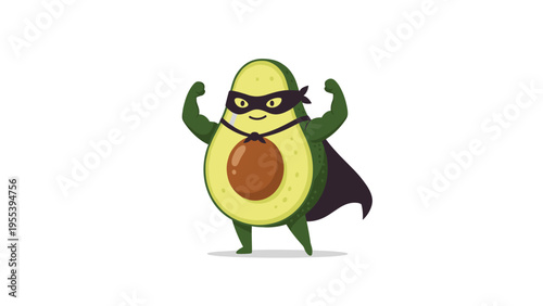Strong avocado superhero character wearing a black mask and cape flexing its muscles in a fun and healthy illustration.