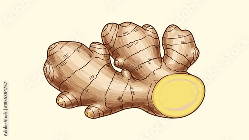 Detailed illustration of a fresh ginger root with a cross-section showing its yellow interior against a light cream background.