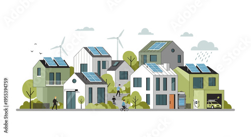 Eco-friendly neighborhood with solar panels and wind turbines, sustainable living concept.