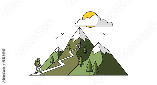 Hiker Climbing Winding Mountain Path Towards Sunlit Summit with Clouds and Birds