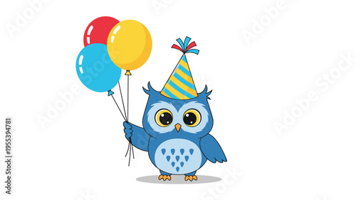 Adorable blue owl wearing a striped party hat and holding three colorful balloons to celebrate a happy birthday event.