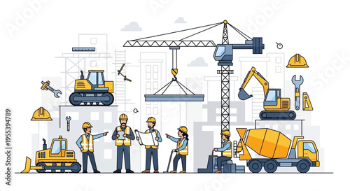 Construction site with workers, crane, excavators, cement mixer, and building.