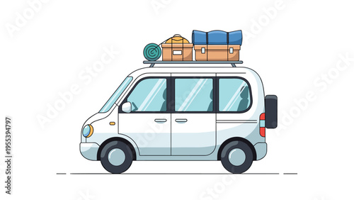 White camper van equipped with a roof rack full of camping gear like boxes and sleeping bags ready for a road trip.