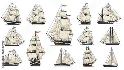 Extensive collection of various vintage sailing ships and vessels from large frigates to small schooners on a white background.