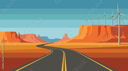 A serene road winding through a scenic desert landscape, highlighted by towering rock formations and wind turbines, showcasing the coexistence of nature and renewable energy.