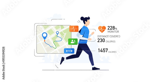 Woman running with fitness tracker app interface showing map, heart rate, and calories burned