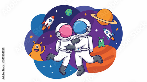 Two astronauts share a loving embrace in a whimsical and vibrant space setting, depicting the adventure of love transcending boundaries and exploring the universe.