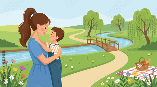 A warm scene unfolds in a picturesque park as a mother lovingly holds her child, symbolizing the deep emotional bond shared between them amidst nature's serenity.