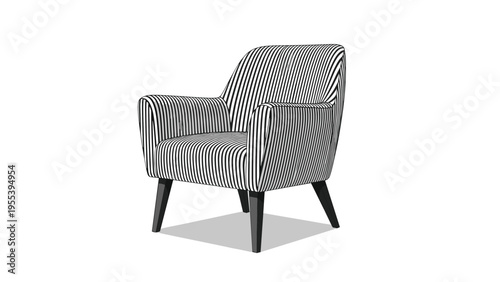 Contemporary armchair upholstered in a bold black and white striped fabric with dark wooden legs for modern interior design.