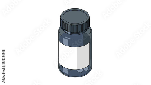 Small dark blue plastic medicine bottle with a ribbed black cap and a blank white label for pharmaceutical product mockup.