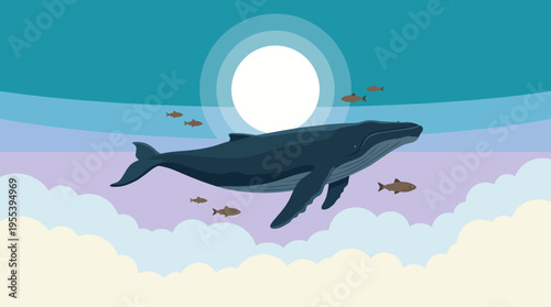 A serene image of a whale gliding through the ocean under a bright sun, symbolizing grace and the beauty of marine life in a tranquil aquatic environment.