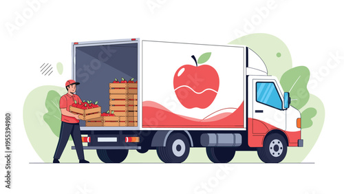 Delivery truck with a large apple logo being loaded with crates of fresh fruit by a worker in a red uniform.