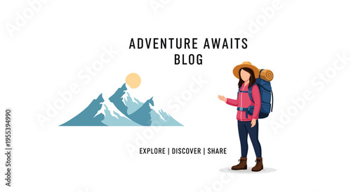 Woman backpacker with mountains and sun, adventure awaits blog concept