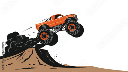 Powerful orange monster truck performing a high jump over a dirt mound with dark smoke billowing from the exhaust.
