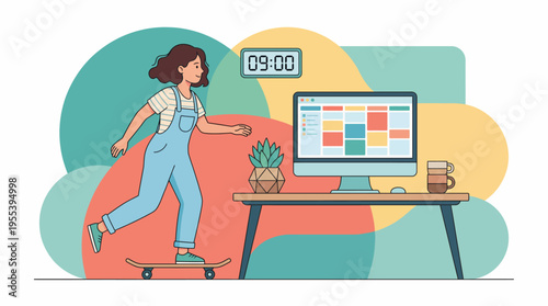 A young girl rides a skateboard next to a modern desk setup, combining playfulness and productivity in a vibrant environment while maintaining a balanced lifestyle.