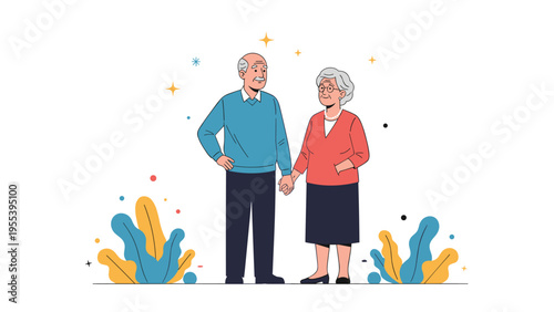 Happy elderly couple holds hands while standing together in a peaceful outdoor setting decorated with stylized plants and star shapes.