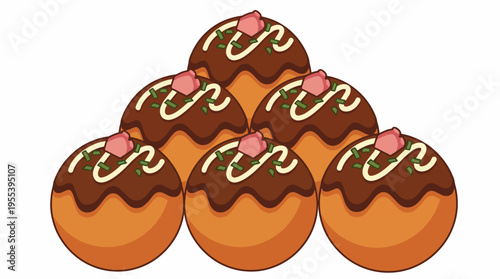 A tempting stack of six round chocolate donuts adorned with pink flowers and decoration, showcasing the delightful appeal of dessert during celebrations or gatherings.