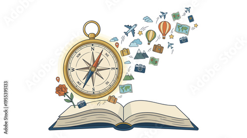 An imaginative depiction of an open book with a compass and various travel-related icons emerging, symbolizing adventure, exploration, and the journey through stories and experiences.