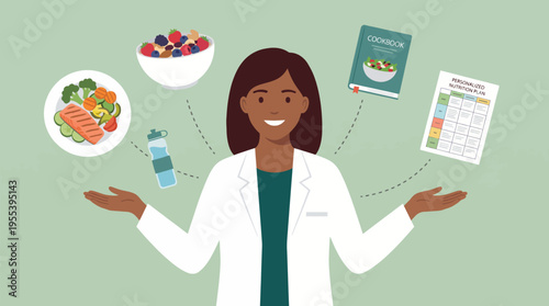 An engaging illustration of a nutritional expert offering advice on healthy eating, with food and meal planning resources depicted to promote wellness and informed choices.