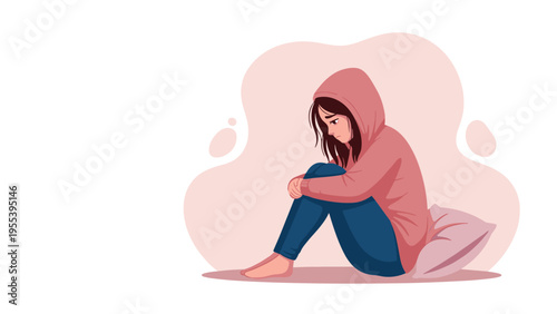 Young woman wearing a pink hoodie sits on the floor in a sad and contemplative pose reflecting themes of loneliness and depression.