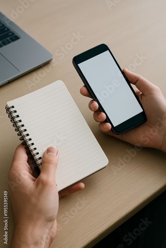 Hand holding smartphone with blank screen near notebook and laptop