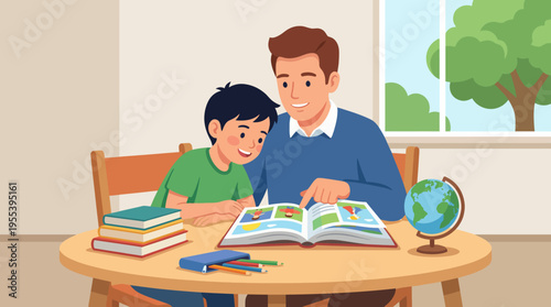 A heartwarming moment between a father and son reading a colorful storybook together at a table, emphasizing the importance of bonding through shared experiences and literature.