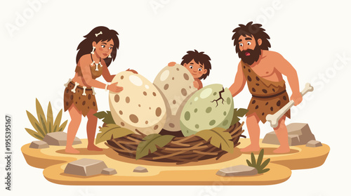 A family of prehistoric cavemen is curiously inspecting large, speckled eggs in their nest, capturing the essence of early human life and survival instincts in nature.