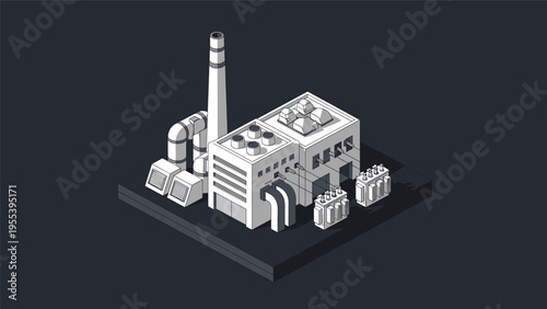 Isometric pixel art of a white industrial factory building features large storage tanks, smokestacks, and electrical transformers.