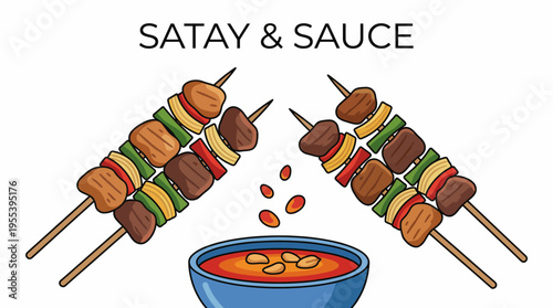 These delicious satay skewers are beautifully arranged with succulent meat and colorful vegetables, paired with a rich dipping sauce, ideal for food lovers and culinary enthusiasts.