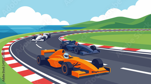 Three racing cars speed along a picturesque coastal track, embodying the thrill of competition, speed, and excitement in a bright and colorful racing environment.