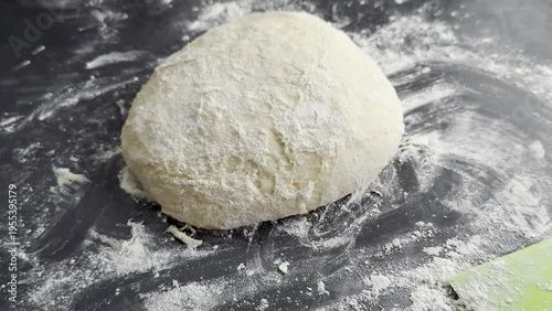 Dough ball on a floured surface gradually changing perspective, showcasing texture and shape in a kitchen setting with baking tools nearby