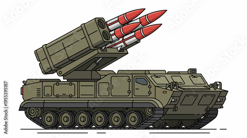 A detailed illustration of a military tank with a missile launcher, showcasing its unique features and design elements that represent modern military technology and strength.