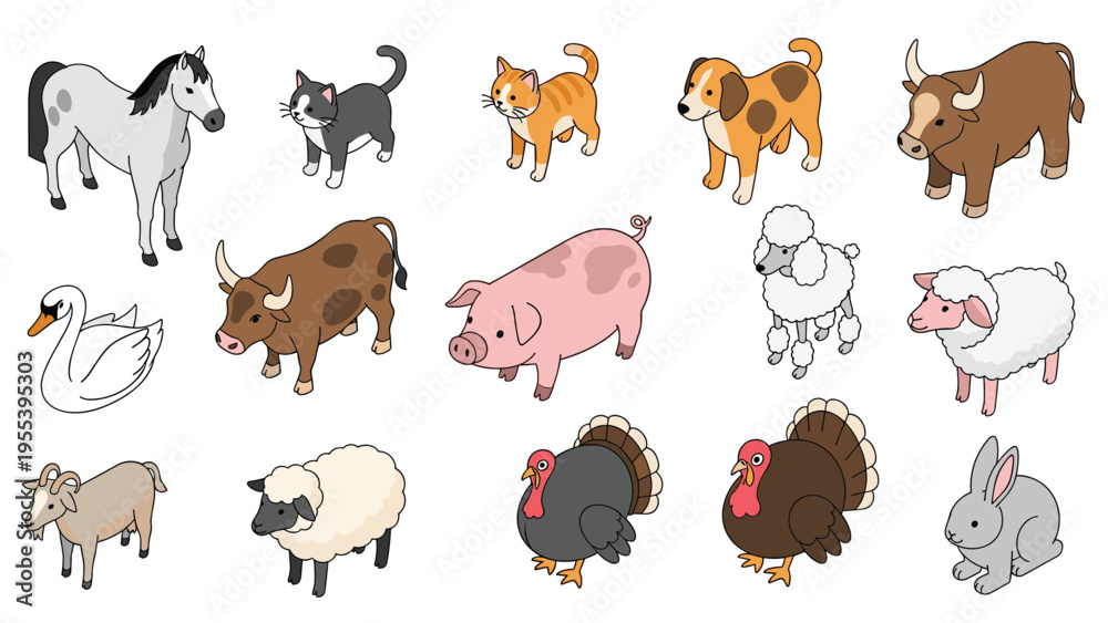 Fototapeta premium Large set of isometric animals includes a horse, cats, dogs, cows, a pig, sheep, goats, turkeys, a swan, and a rabbit for farm themes.