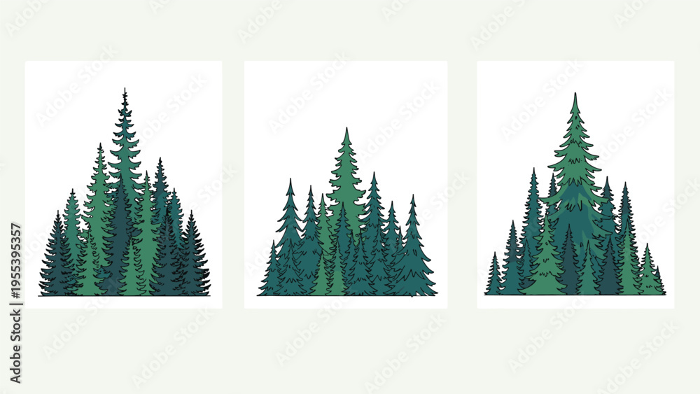 Fototapeta premium Three separate illustrations of dense pine forests show various clusters of tall evergreen trees in different shades of deep green.