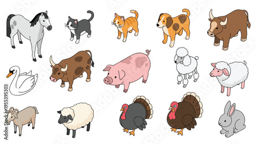 Large set of isometric animals includes a horse, cats, dogs, cows, a pig, sheep, goats, turkeys, a swan, and a rabbit for farm themes.