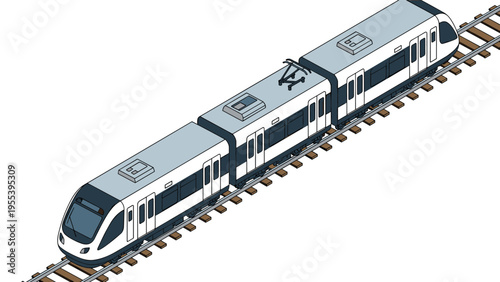 Modern electric passenger train moves along steel tracks in an isometric view representing efficient public transportation systems.